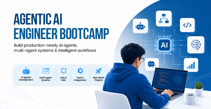 Agentic AI Engineer Bootcamp curriculum covering Python, Generative AI, RAG, LangGraph, MCP, Multi-Agent Systems, OpenAI Agents SDK, CrewAI, n8n Automation, Deployment, and Enterprise AI Projects.